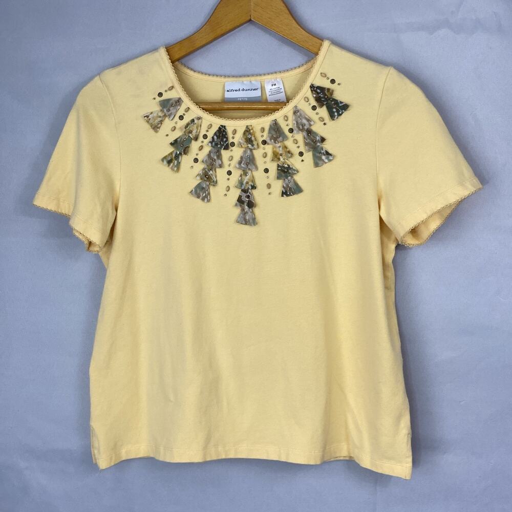 Alfred Dunner Top Womens PM Yellow SS Embellished Beaded Coastal Cowgirl Knit